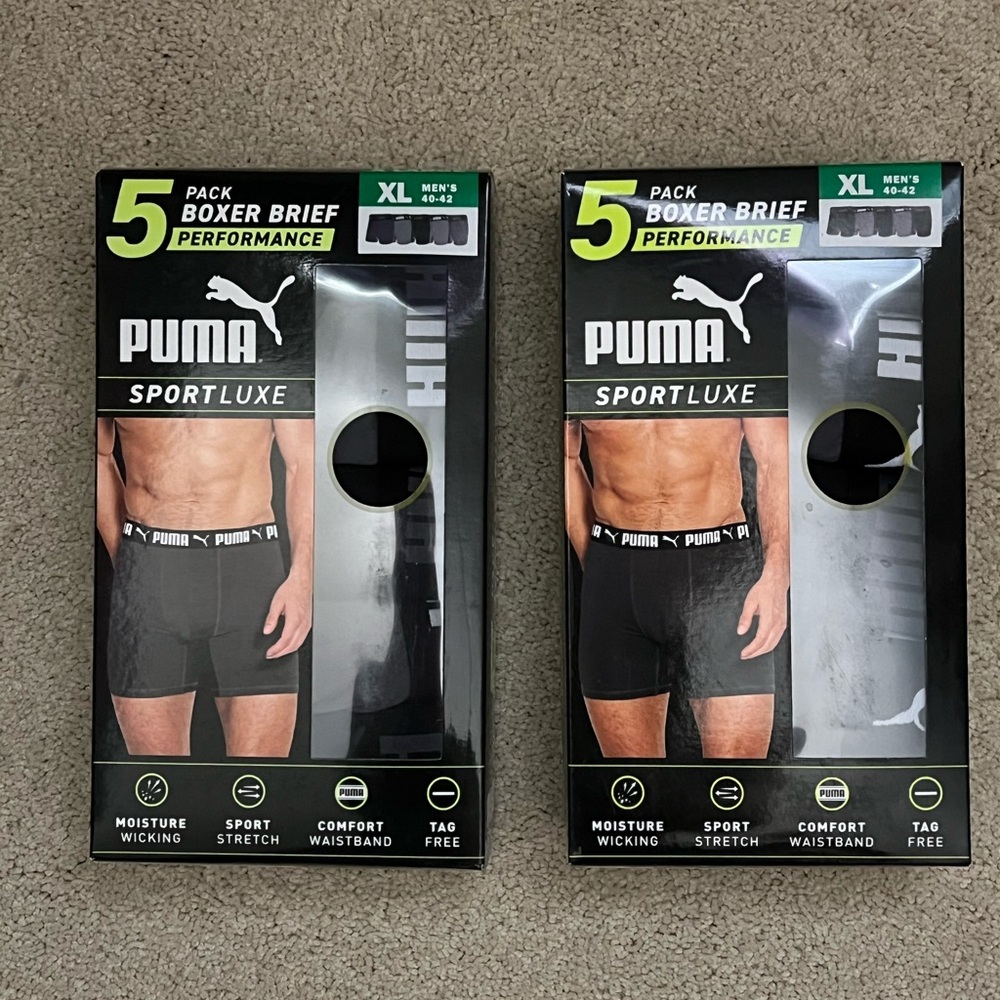 Two packs of PUMA Sportluxe Performance Boxer Briefs 5-Pack Black